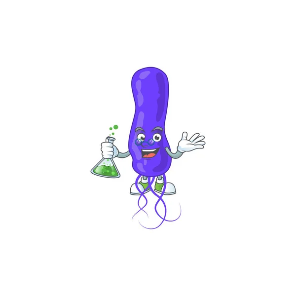 Blue spirila pintar karakter kartun memegang tabung kaca di laboratorium - Stok Vektor