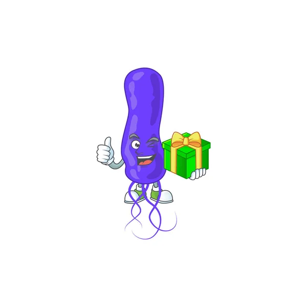 Happy smiley blue spirila Desain maskot kartun dengan kotak hadiah - Stok Vektor