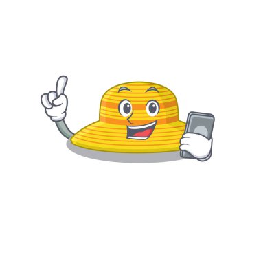 Yaz şapkalı karikatür karakteri telefonda arkadaşlarıyla konuşuyor.