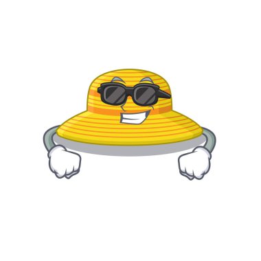 Siyah gözlük takan, yaz şapkalı çizgi film karakteri.