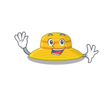 Çekici bir yaz şapkası maskot tasarımı gülümseme ve el sallama