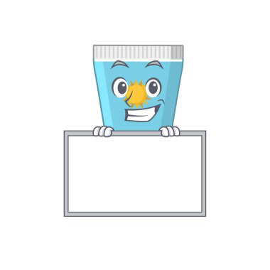 Güneş kremi çizgi film tasarımı bir panonun arkasında duruyor.