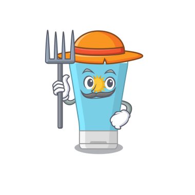 Güneş kremi maskotu tasarımı. Şapka takan bir çiftçi olarak çalışıyor.