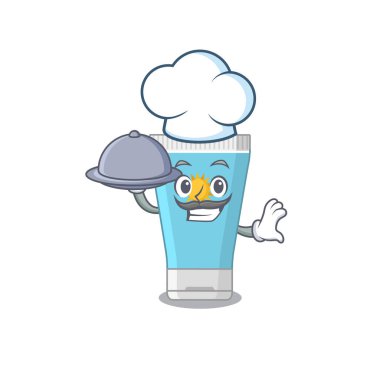 Güneş kremi şefinin maskot tasarımı tepside yemek servis ediyor.