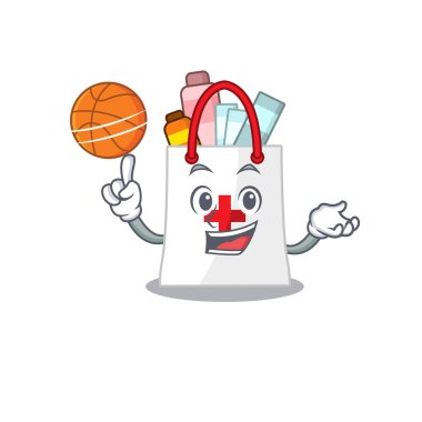 Basketbol çantalı uyuşturucu paketinin spor çizgi film maskotu tasarımı.