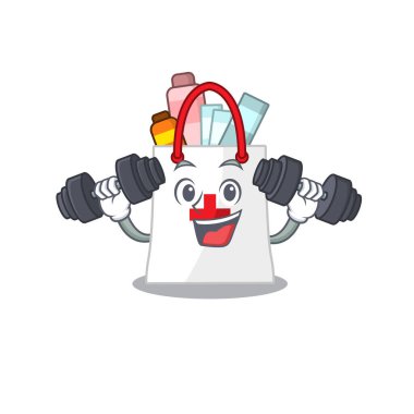 Uyuşturucu alışveriş torbası maskotu tasarımı egzersiz sırasında halterleri kaldırmaktan mutluluk duyar.