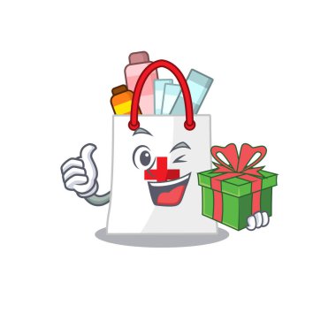 Büyük hediye kutusu olan neşeli uyuşturucu torbası çizgi film karakteri.