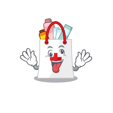 Uyuşturucu alışveriş çantasının maskot tasarımı. Komik, çılgın bir yüzü var.