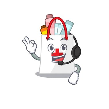 Kulaklık takan muhteşem bir uyuşturucu çantası maskotu konsepti.