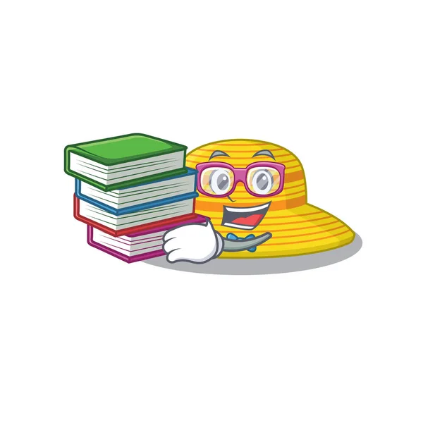 Un estudiante diligente en el concepto de diseño de mascotas sombrero de verano leer muchos libros — Archivo Imágenes Vectoriales