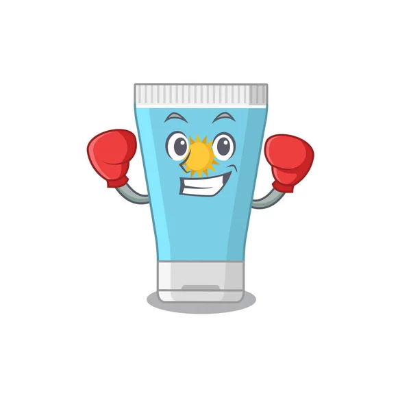 Mascot design of sunblock cream as a sporty boxing athlete — Stock Vector