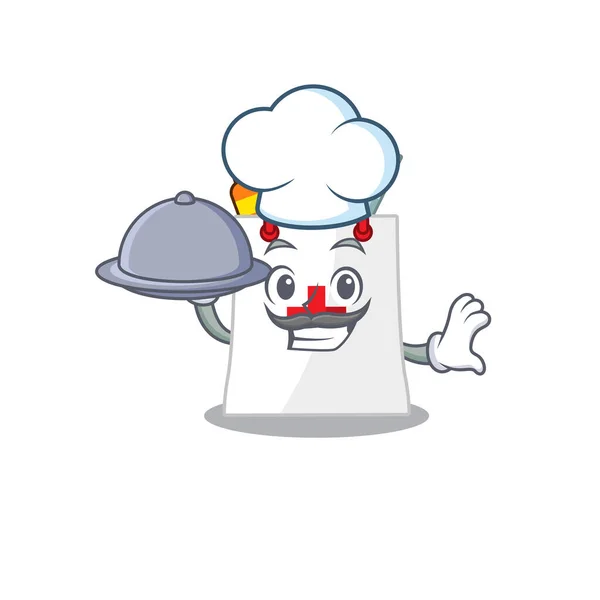 Design mascote de chef saco de compras de drogas servindo comida na bandeja — Vetor de Stock