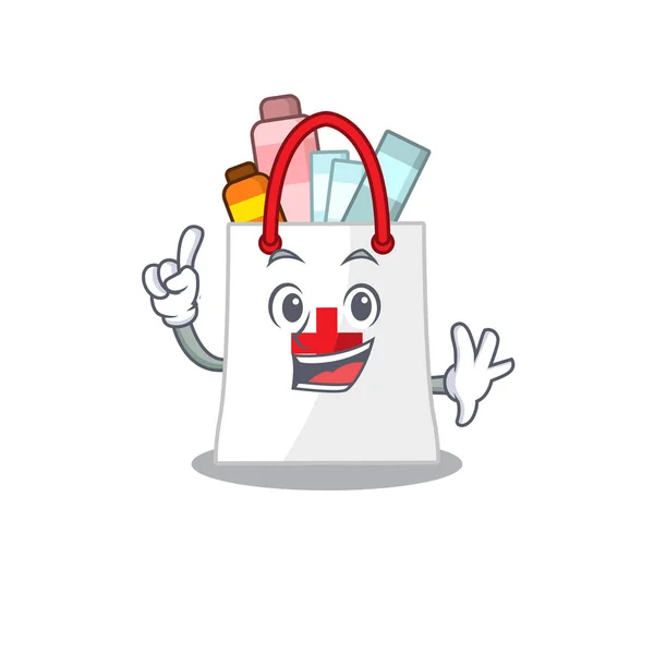 Droga shopping bag caricatura design stile con un dito gesto — Vettoriale Stock