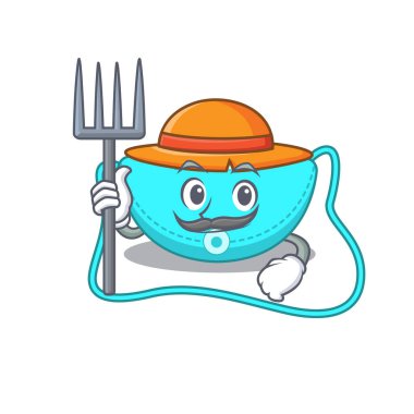 Şapka takan bir çiftçi olarak çalışan maskot tasarımı.