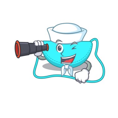 Sapan çantalı denizcinin dürbün kullanan bir karikatürü.