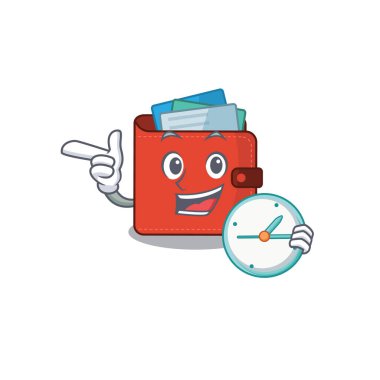 Kart cüzdanının maskot tasarım stili elinde saatle ayakta duruyor