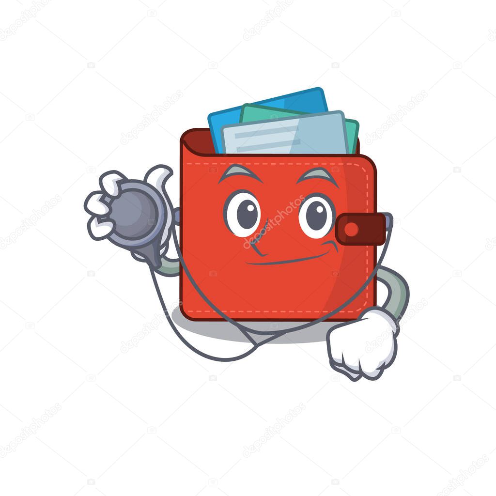 Smiley doctor cartoon character of card wallet with tools