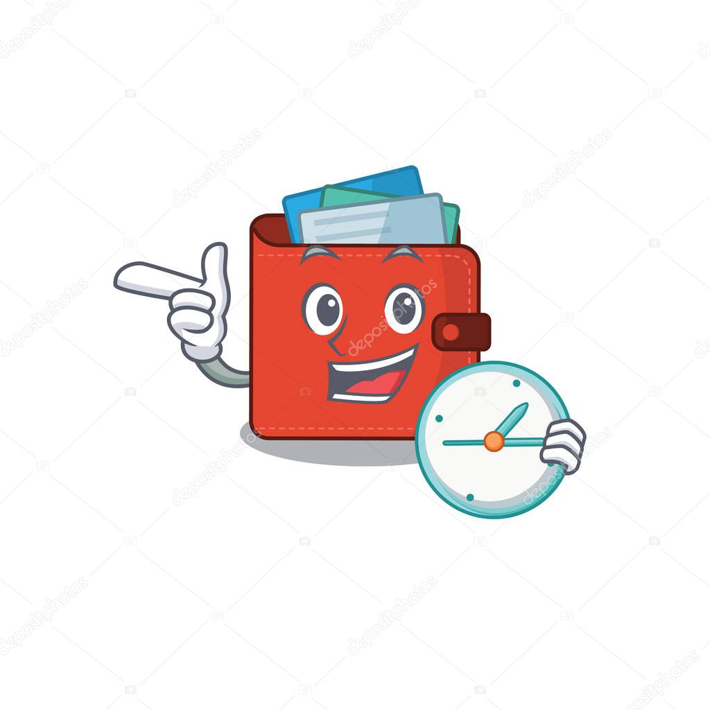mascot design style of card wallet standing with holding a clock