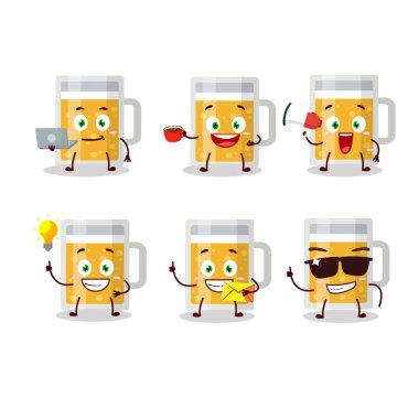 Çeşitli iş simgelerine sahip bir kupa bira çizgi film karakteri.