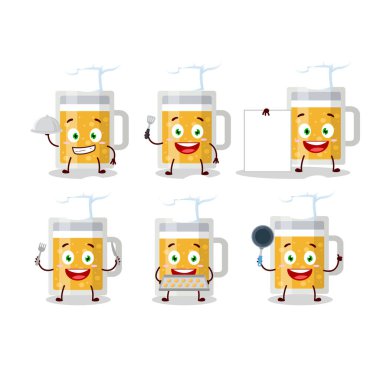 Çizgi film karakteri, çeşitli şef ifadeleriyle bira fincanı.