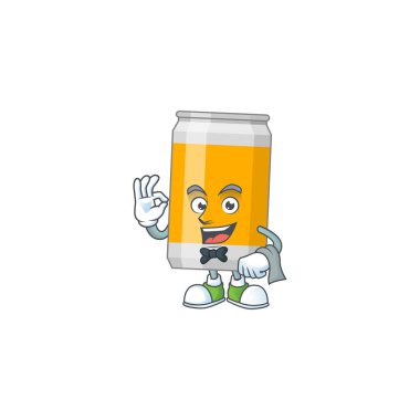 Garson karakterin servis yapmaya hazır olduğu bir bira kutusu karikatürü. Vektör illüstrasyonu