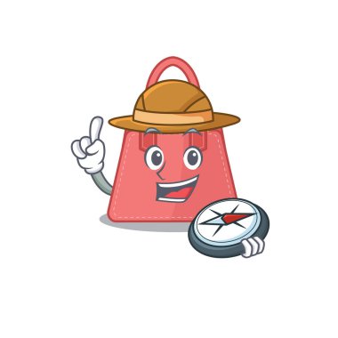 Ormanda pusula kullanan bir kadın el çantası kaşifinin maskot tasarımı konsepti