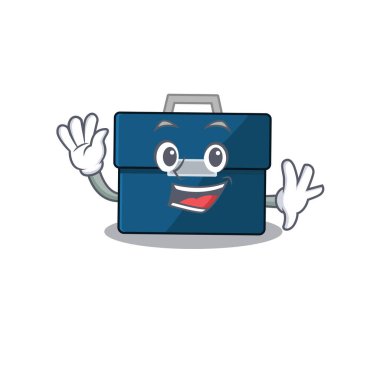 Büyüleyici bir bavul maskot tasarımı gülümseme ve el sallama