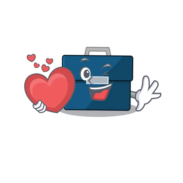 Un dulce negocio de la maleta de dibujos animados estilo de personaje sosteniendo un gran corazón — Vector de stock
