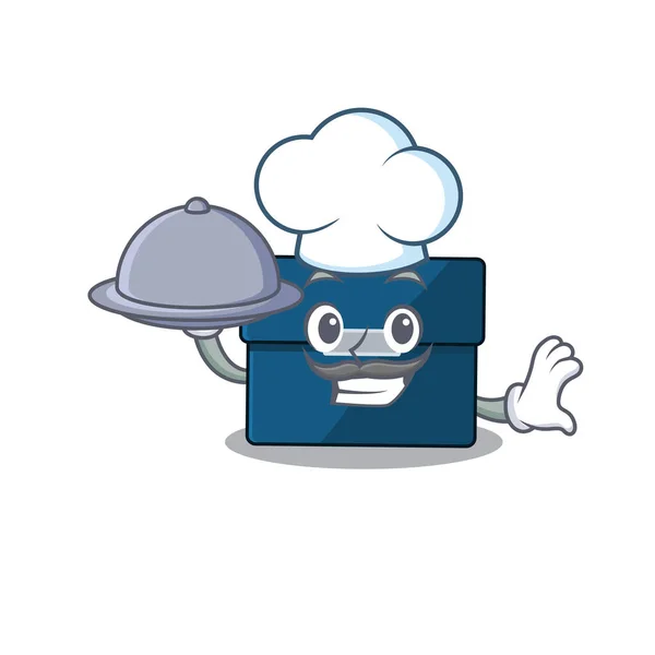 Design mascote de mala de negócios chef servindo comida na bandeja — Vetor de Stock