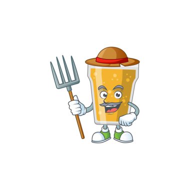 Çiftçi kupasının karikatür fotoğrafı. Şapka ve dirgenli bira. Vektör illüstrasyonu