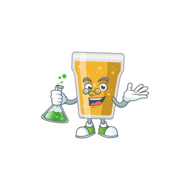 Bir kupa dolusu zeki Profesör Çizgi Film karakteri laboratuarda cam tüp tutuyor. Vektör illüstrasyonu