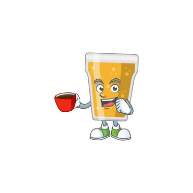 Bir kupa biranın bir fincan kahve içen maskot tasarımı karakteri. Vektör illüstrasyonu