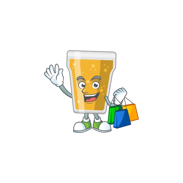 ビールの幸せな豊かなマグカップショッピングバッグとカリカチュア画像 ベクターイラスト — ストックベクタ