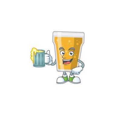 Neşeli bir kupa bira maskot tarzı tost ve bir bardak bira. Vektör illüstrasyonu