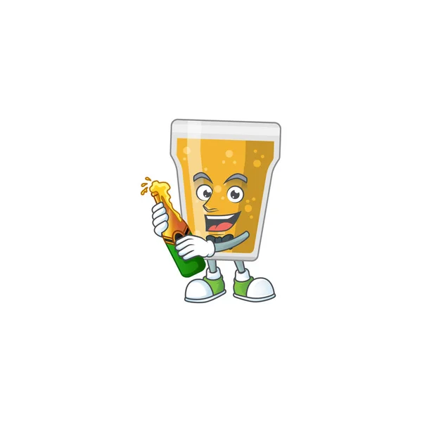 ビールのボトルとビール漫画デザイントーストのマグカップの幸せな顔 ベクターイラスト — ストックベクタ