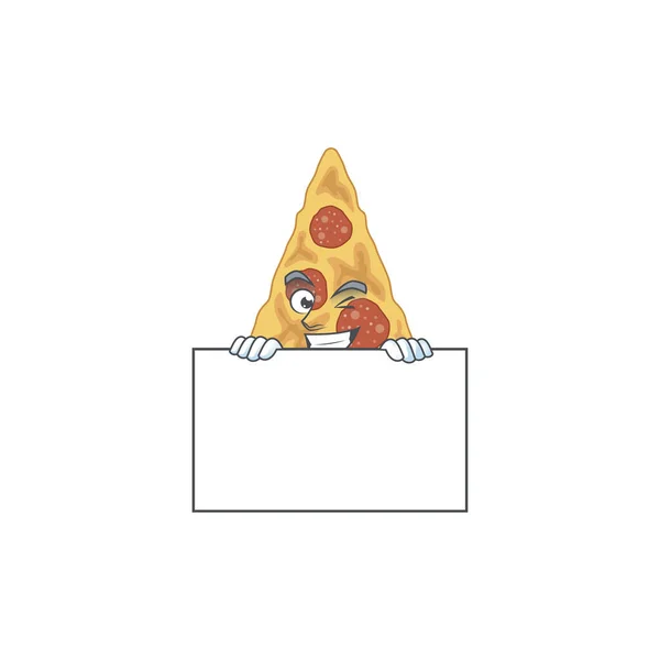 Estilo Diseño Mascota Rebanada Pizza Pie Detrás Una Tabla Ilustración — Archivo Imágenes Vectoriales