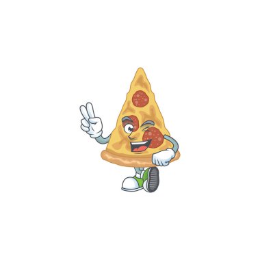Gülümseyen bir pizza dilimi maskot stili ve iki parmağı var. Vektör illüstrasyonu