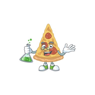 Zeki pizza dilimi Profesör Çizgi Film karakteri laboratuarda cam tüp tutuyor. Vektör illüstrasyonu