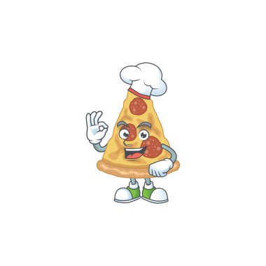 Beyaz şapka takan pizza şefi çizgi film çizimi konsepti. Vektör illüstrasyonu