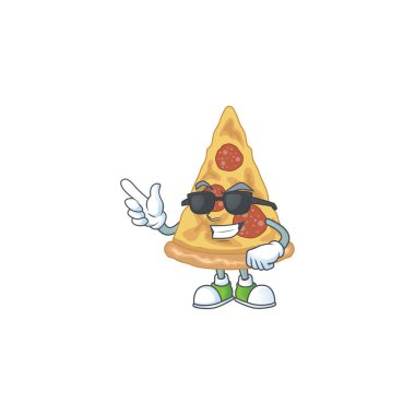 Siyah gözlük takarak süper havalı bir pizza karikatürü çizimi. Vektör illüstrasyonu