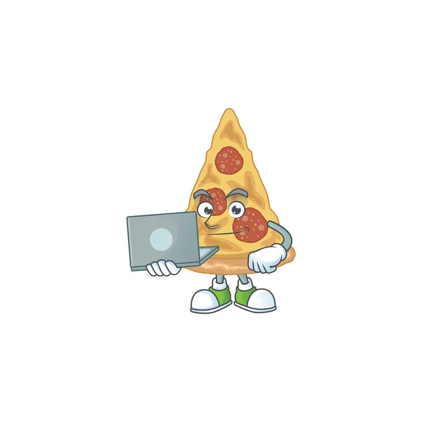 Evde Dizüstü Bilgisayarla Çalışan Çalışkan Bir Pizza Karikatürü Çizimi Konsepti — Stok Vektör