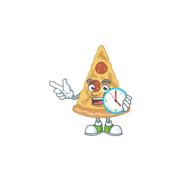 Cartoon Tekening Concept Van Plak Pizza Met Een Cirkel Klok — Stockvector