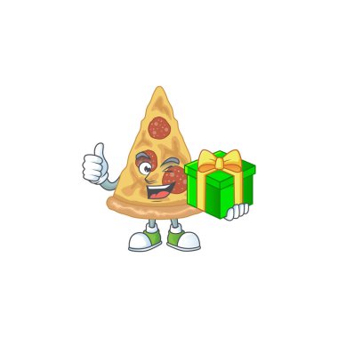 Mutlu bir gülümseme dilimi pizza maskot tasarımı ve hediye kutusu. Vektör illüstrasyonu