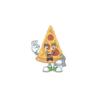 Garson karakterin servis yapmaya hazır olduğu bir dilim pizzanın çizgi film görüntüsü. Vektör illüstrasyonu