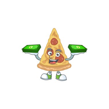 Neşeli bir dilim pizza çizgi film maskotu tasarımı. Elinde biraz para var. Vektör illüstrasyonu