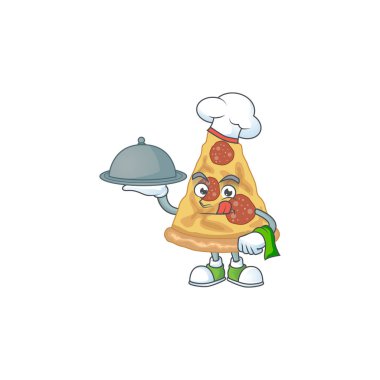 Şapkası ve tepsisi olan bir dilim pizza şefi maskot tasarımı. Vektör illüstrasyonu