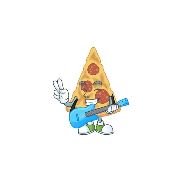 Slice Pizza Cartoon Charakter Stil Spielt Musik Mit Einer Gitarre — Stockvektor