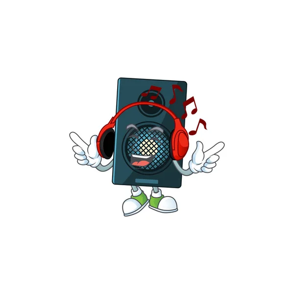 Dibujo de dibujos animados de sistema de sonido escuchando la música con auriculares — Vector de stock