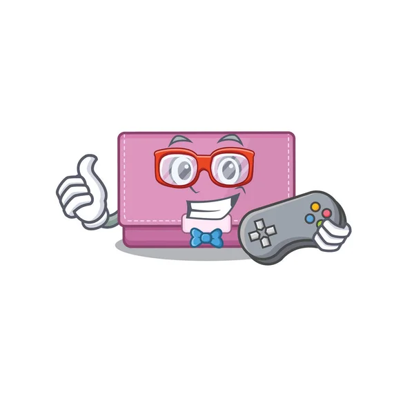 Mascot design style of womens wallet gamer playing with controller — Stock Vector