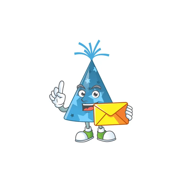 A cartoon picture of blue party hat bring brown envelope — Stock Vector